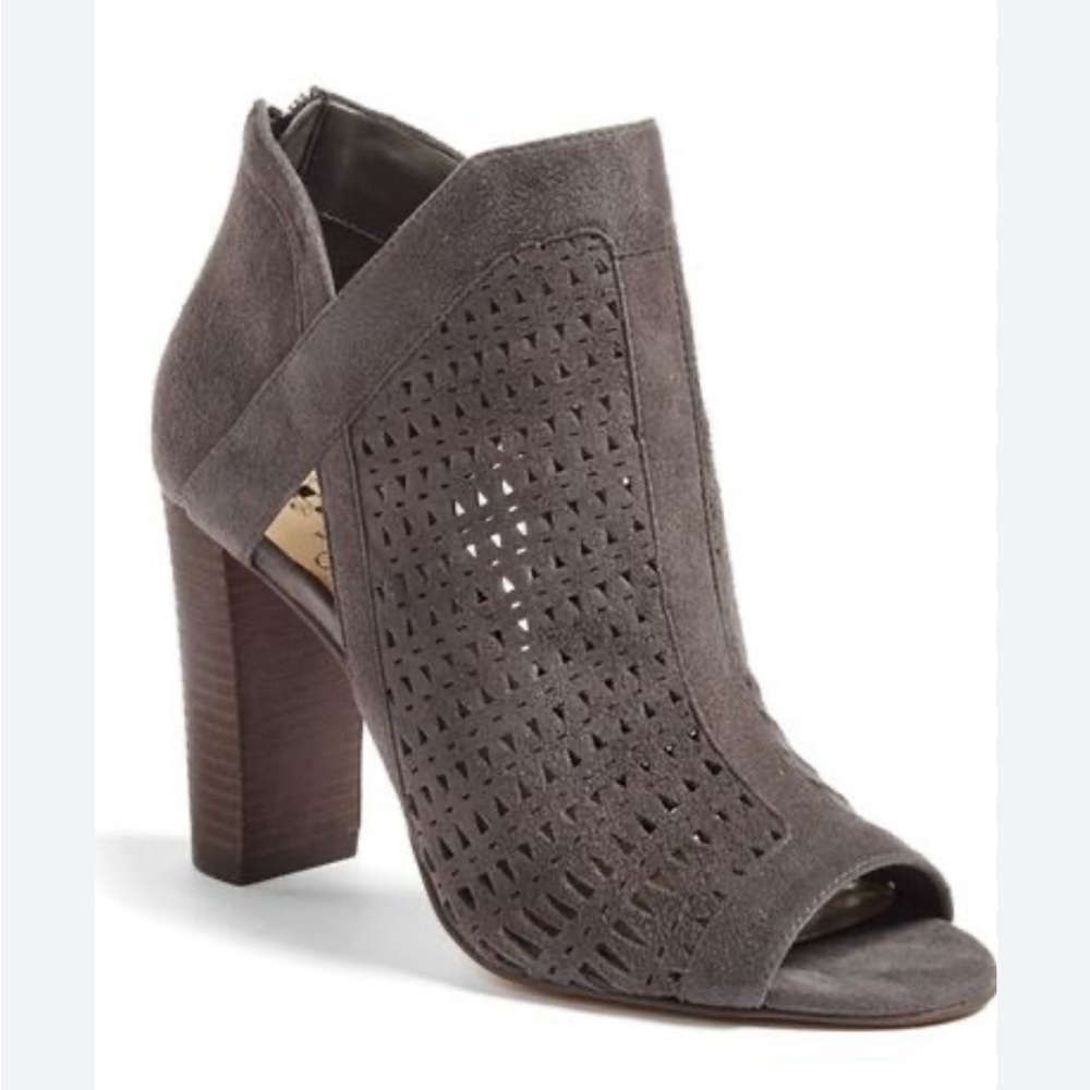 Vince Camuto Cranita Peforated Grey Suede Block Heel Ankle Booties